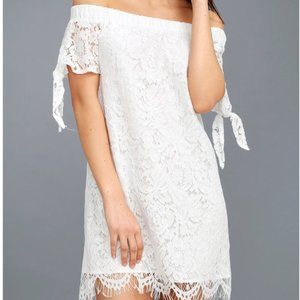 Lulus Divine to Five White Lace Off-the-Shoulder Shift Dress